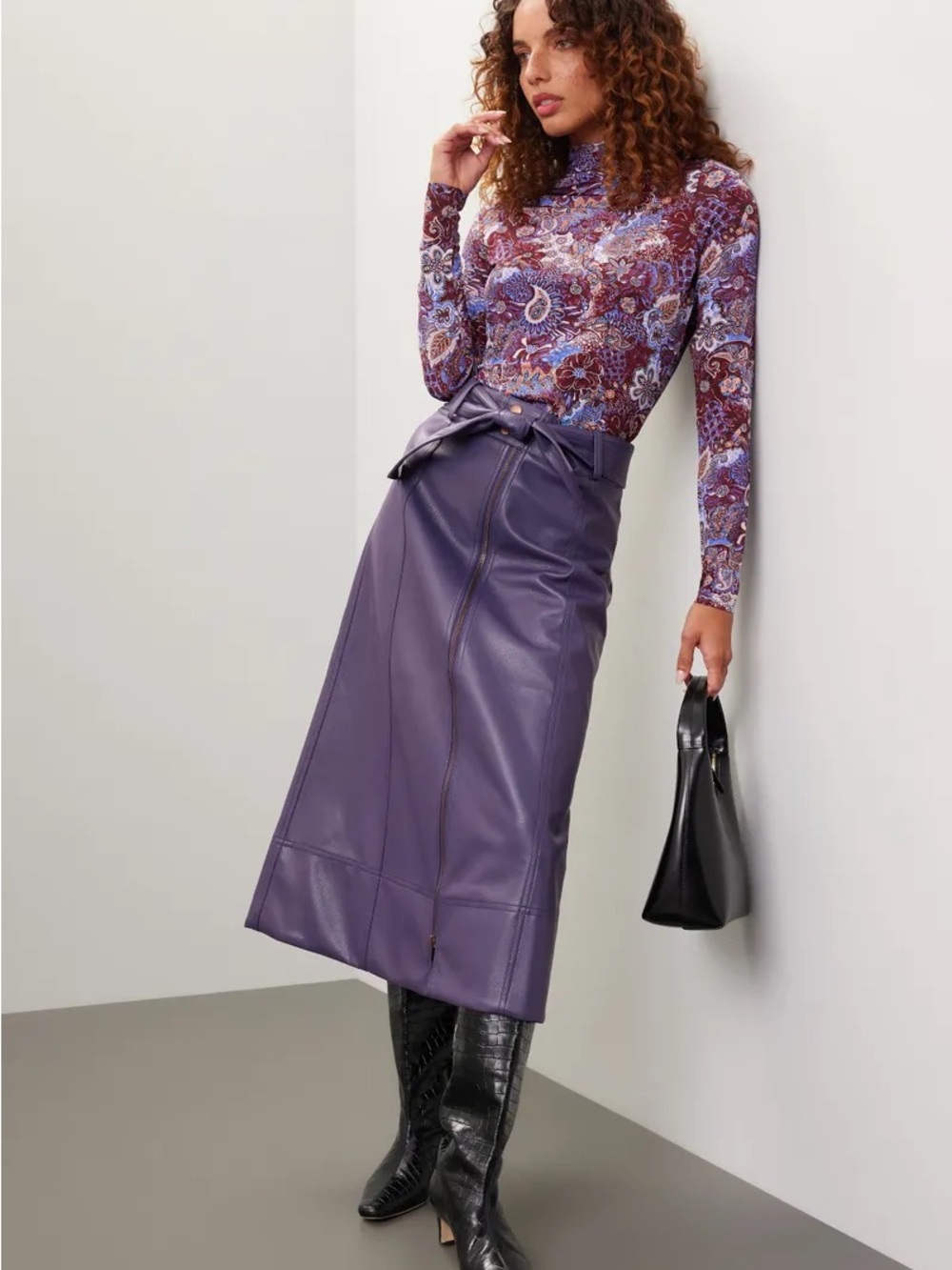Marie Oliver Skirt Brooklyn Vegan Leather Zip Belted Midi A-Line Purple Sz 6 J